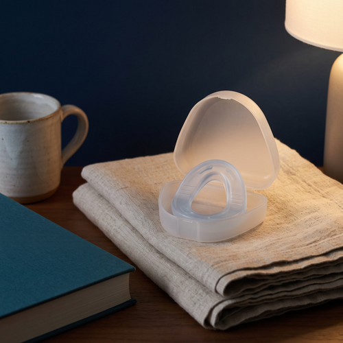 Nocturne night guard in its open case on a bedside table under lamp light