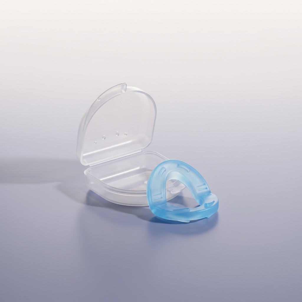 Nocturne night guard in translucent blue beside its open clear frosted case