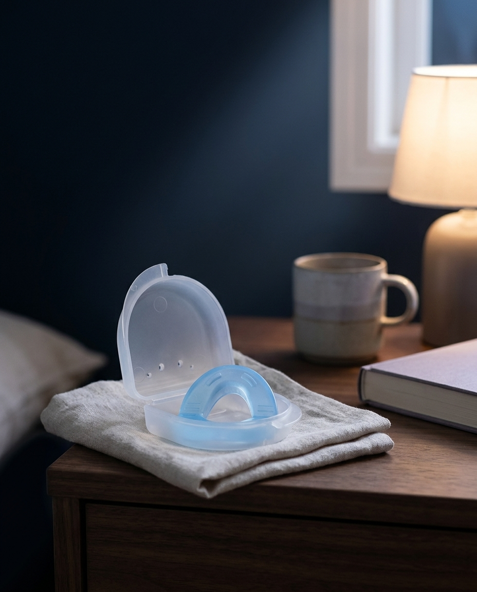 Nocturne night guard and its clear frosted case on linen beside a bedside lamp